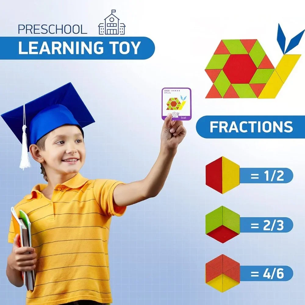 155 Pcs Wooden Pattern Blocks with 24 Design Cards
